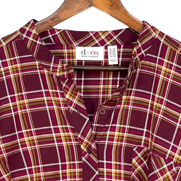 D&Co. Plaid Mandarin Collar Top‎ Women Size 2X Red Pocket Button Up - Picture 5 of 13